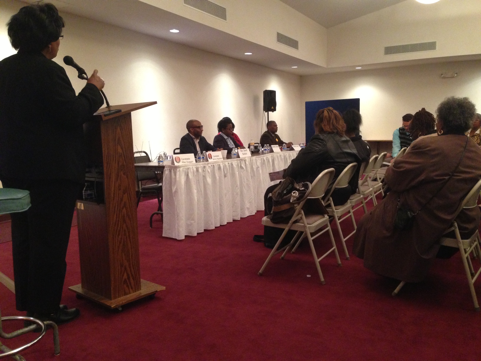 Rochelle Riley moderates for Detroit Environmental Agenda and Detroit Catholic Pastoral Alliance's at-large candidate forum Oct. 21, 2013. 